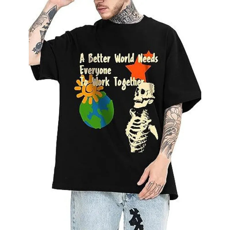 Men's short-sleeved printed streetwear T-shirt on a hanger, showing digital pattern design.