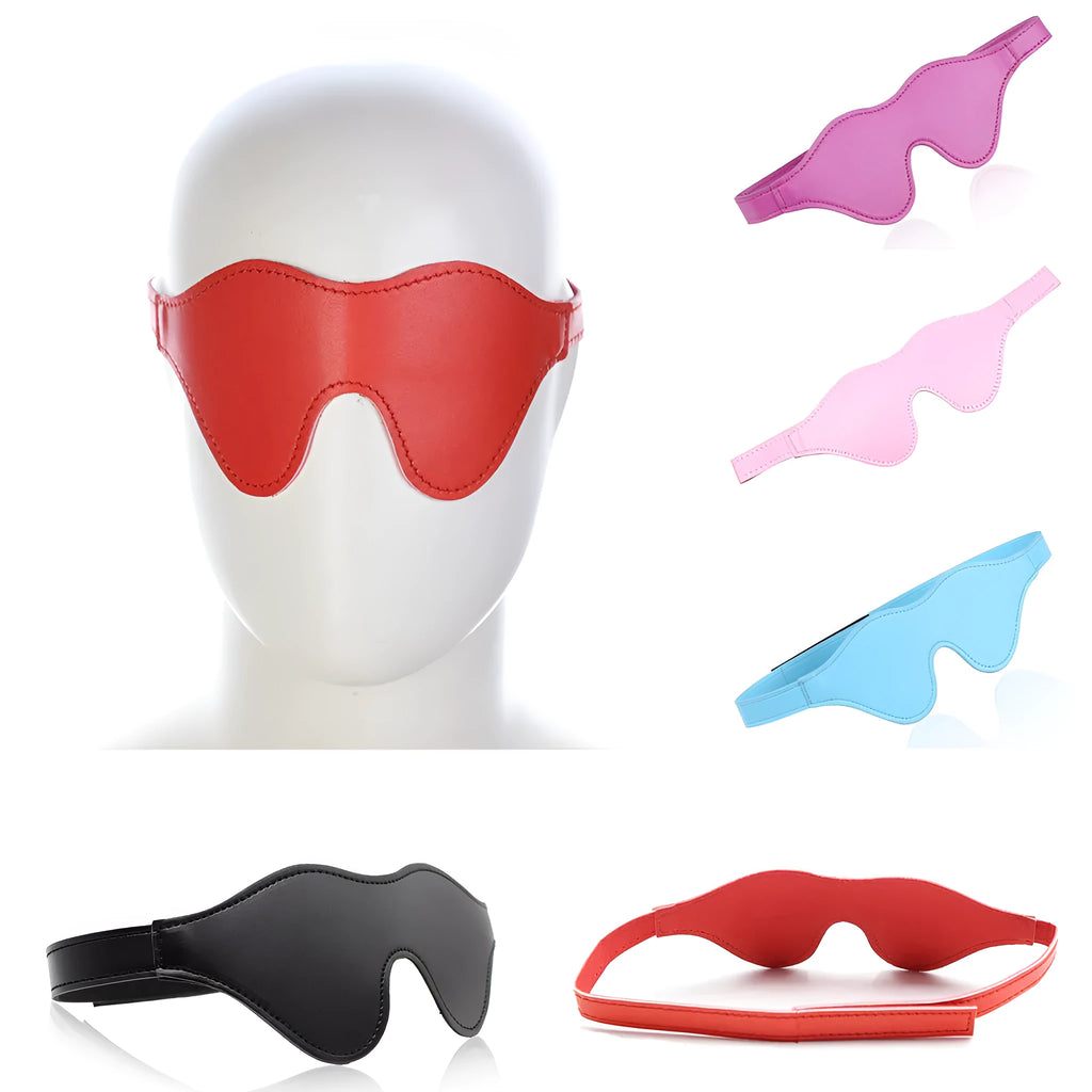 Women's leather eye mask with Velcro strap in black colour showing three-dimensional design