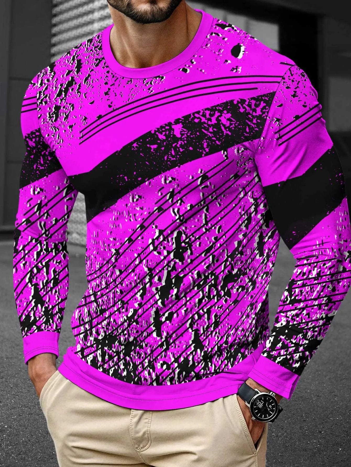 Man wearing a simple milk silk long sleeve pullover with a round neck in one of 27 available colours.