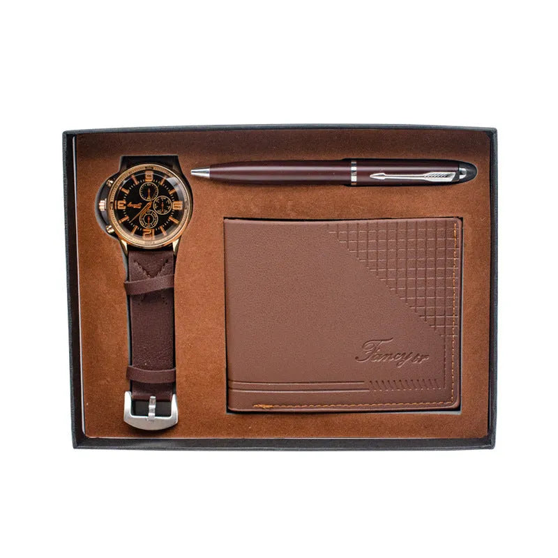 Business gift set with wallet, pen and watch in modern simplicity design presented in gift box