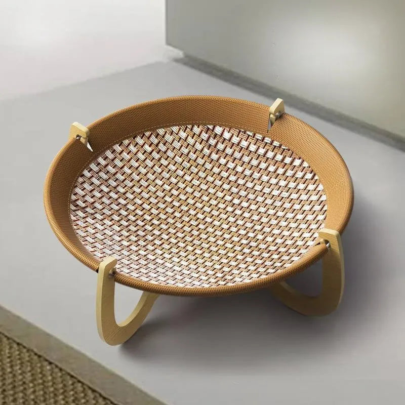 Brown woven rattan pet hammock bed measuring 46cm square with 17.5cm elevation