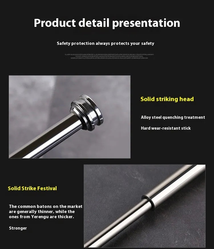 Titanium black automatic spring expandable baton in three sizes: 16 inch, 21 inch, and 26 inch.