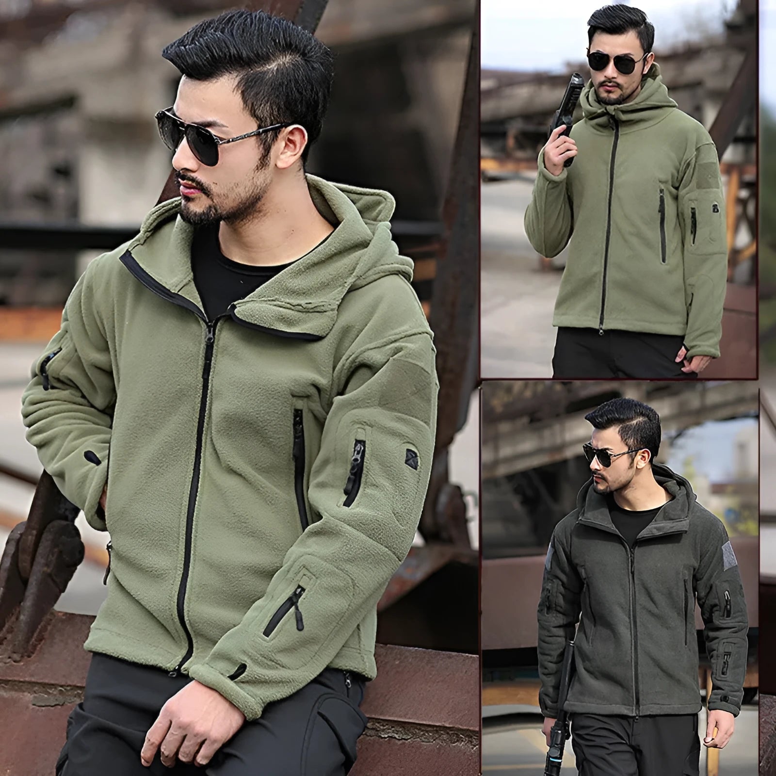 Men's cotton fleece jacket in khaki with full zipper and zip pockets, round hem, Korean style