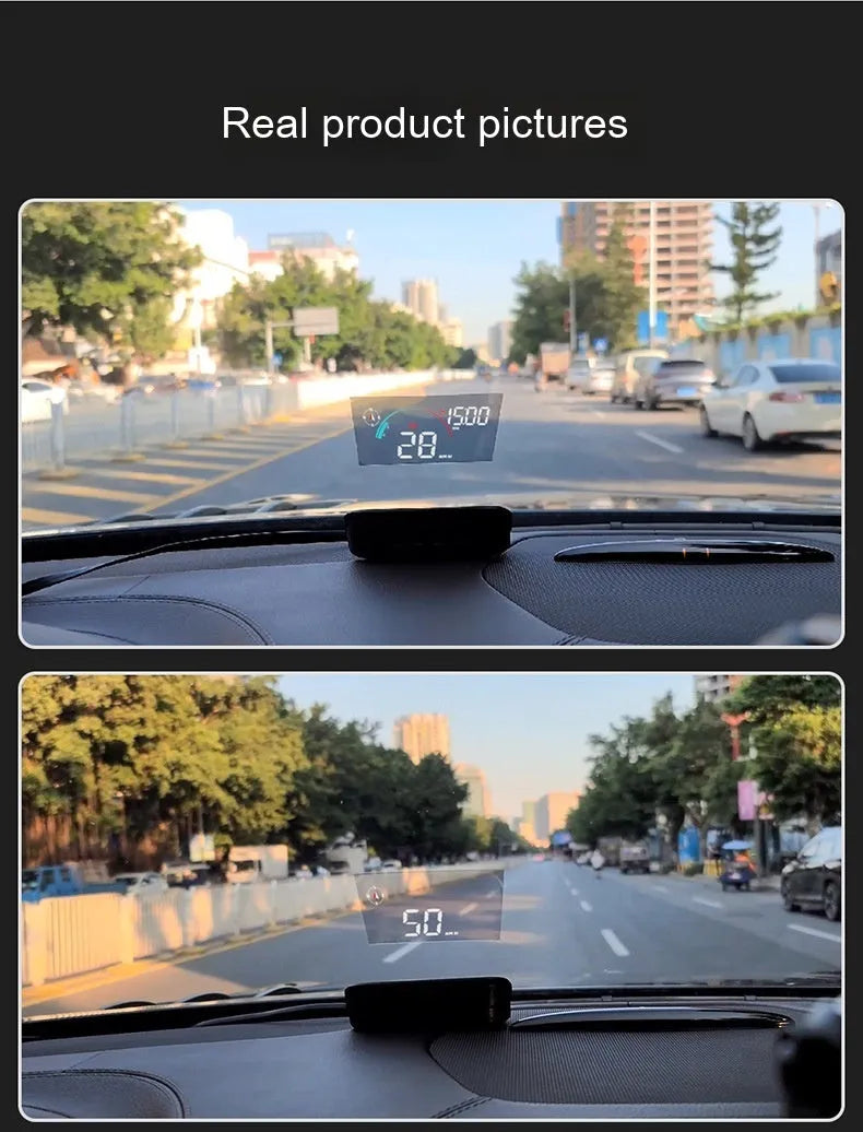 Black universal car head-up display GPS projector showing speed and compass data projection