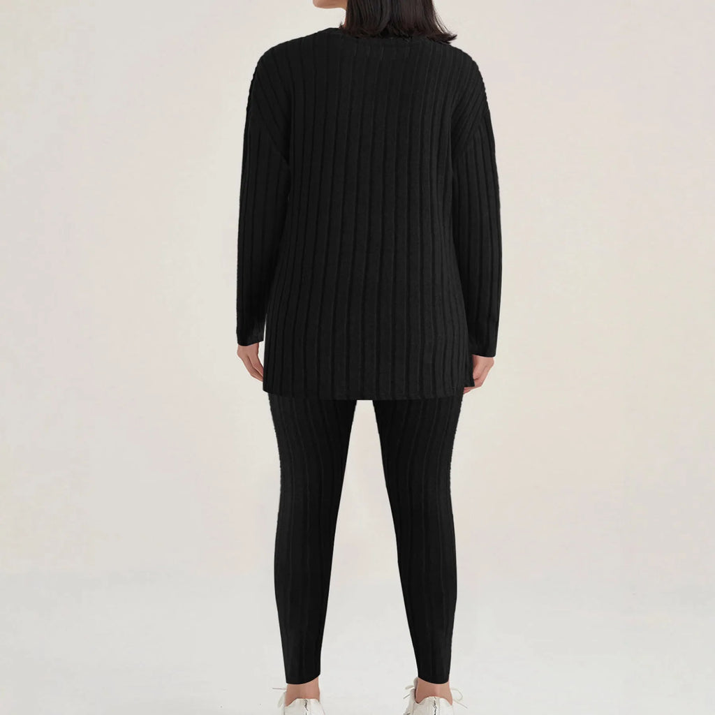Women's black sunken stripe casual two-piece homewear set with short sleeve top and trousers.