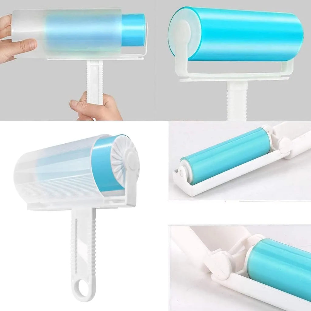 Washable reusable lint roller with cover in blue, green, pink or yellow for pet hair removal