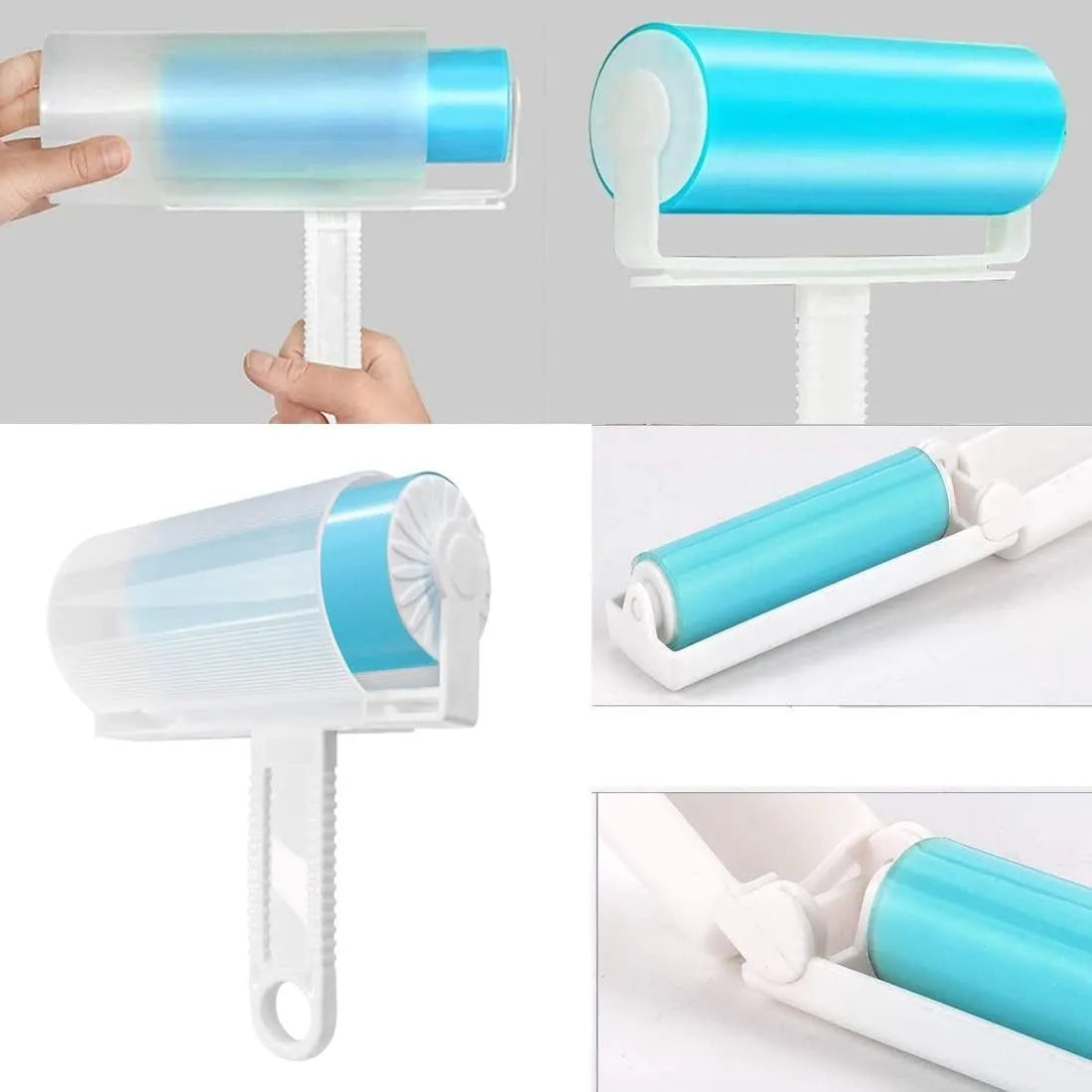 Washable reusable lint roller with cover in blue, green, pink or yellow for pet hair removal