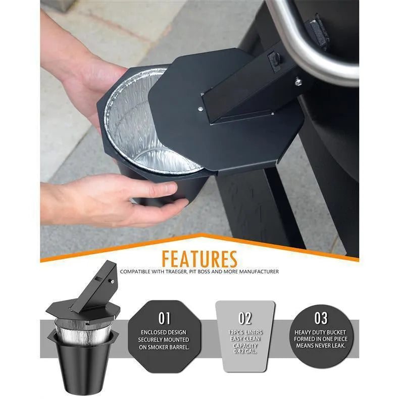 Black steel grease catcher with cover and aluminium foil buckets for barbecue drippings