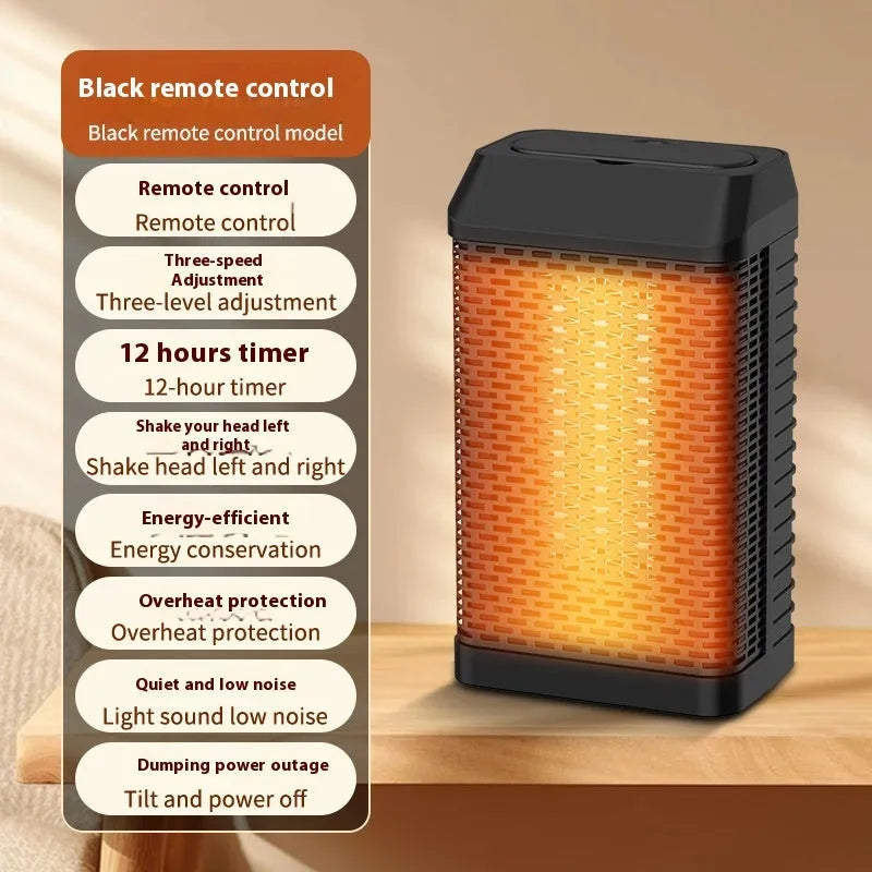 Black remote control smart desktop heater with compact dimensions on a desk.