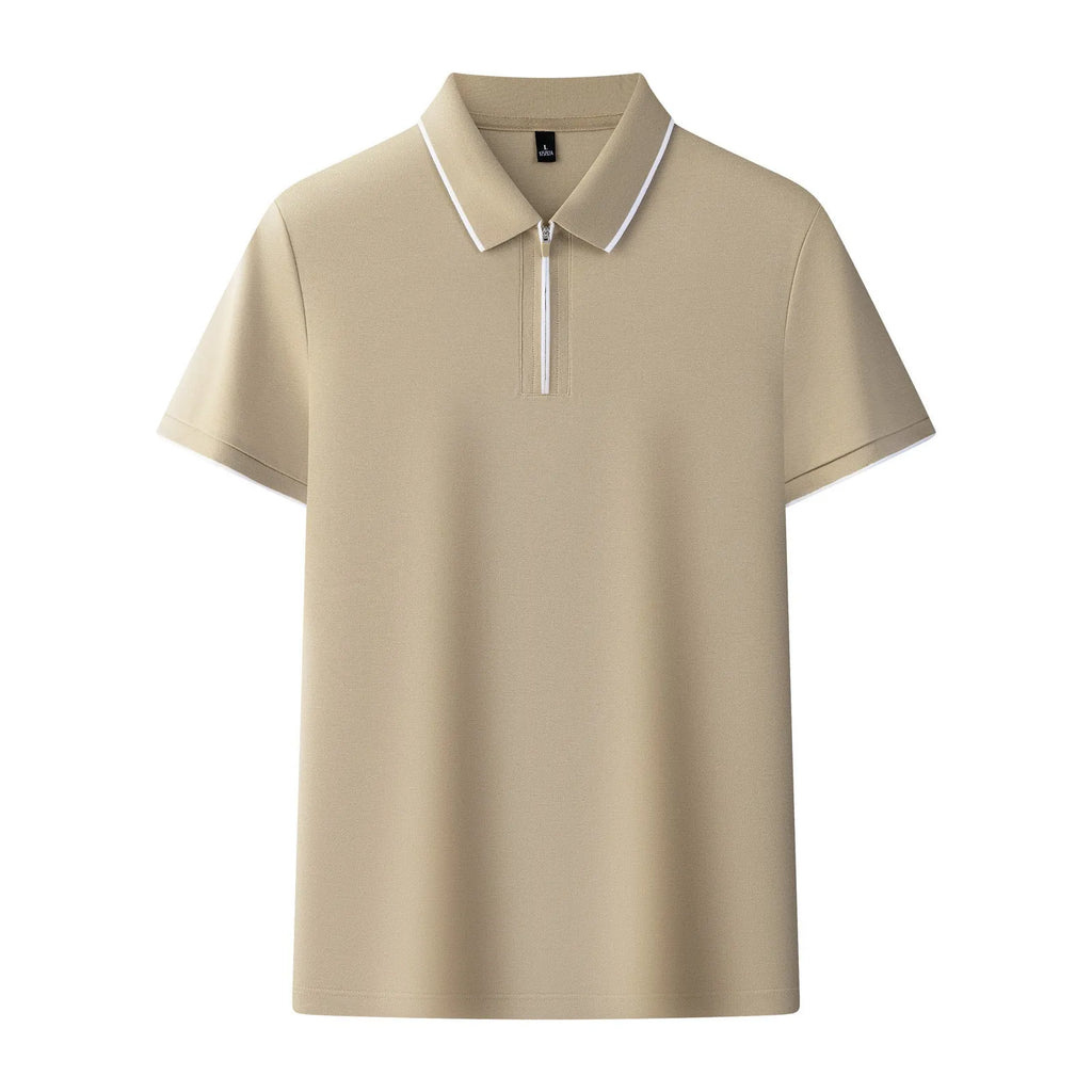 Men's solid colour polo shirt with a zipper collar and short sleeves in a casual style.