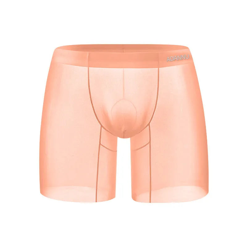 Men's solid colour boxer briefs in nylon ice silk fabric on a plain background.
