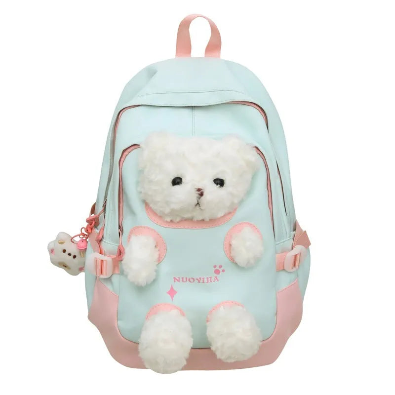 Cute bear school backpack in macaron colours with curved shoulder straps and optional pendant