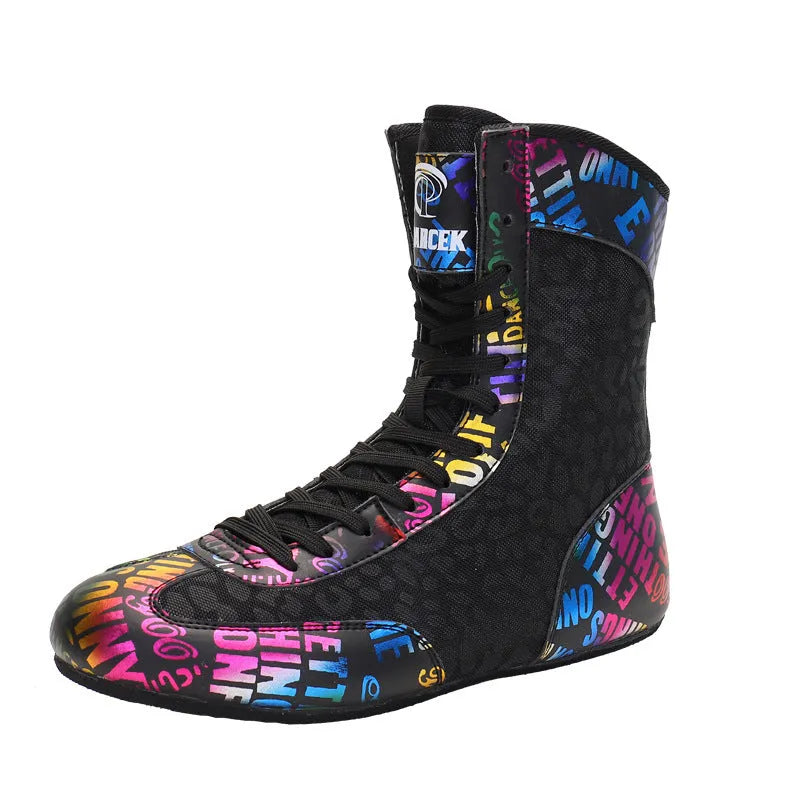 Unisex high-top mixed combat training shoes with mesh and leather upper in black gold colour.