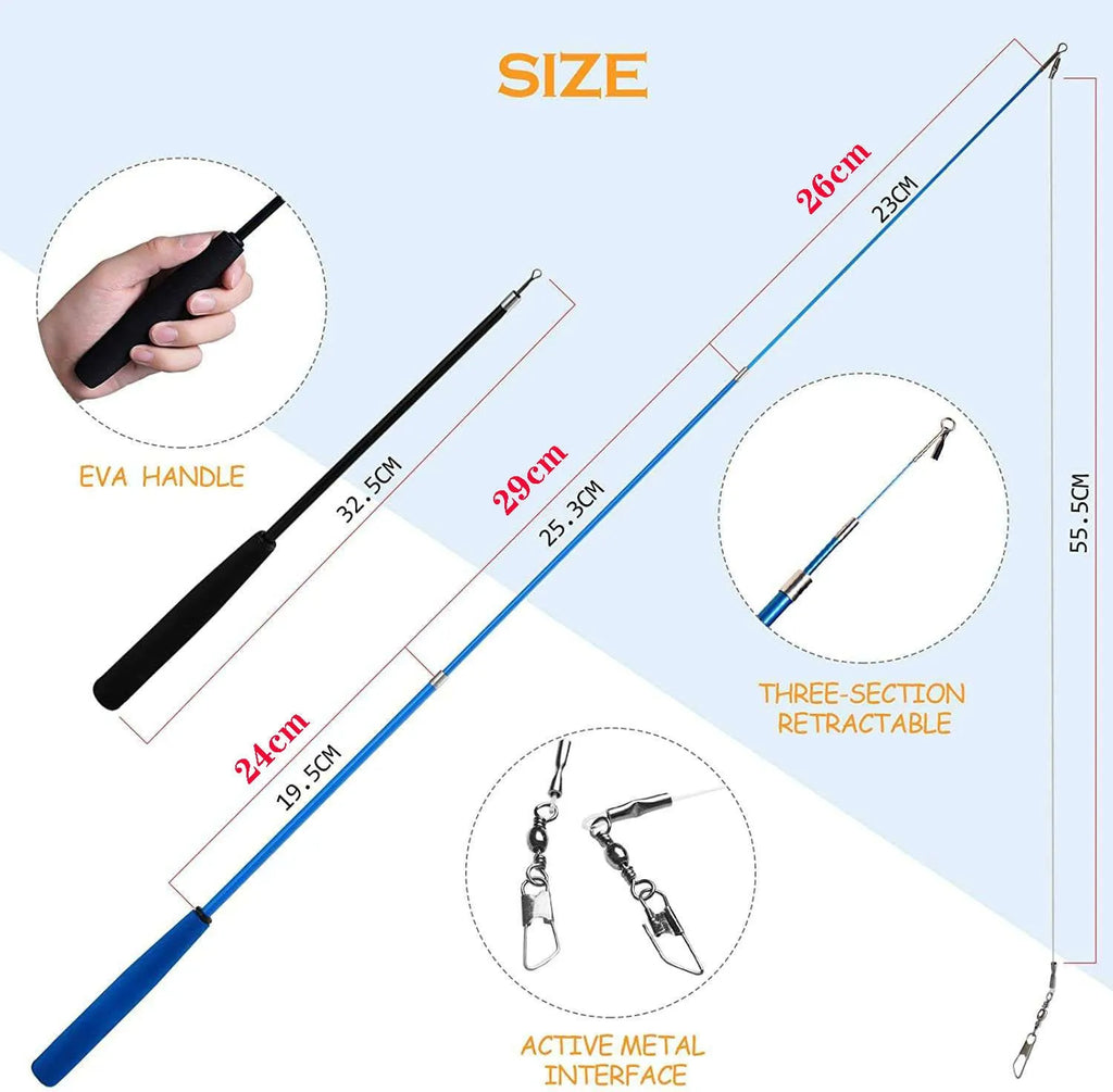 Cat teasing fishing rod set with two extendable poles and ten feather attachments