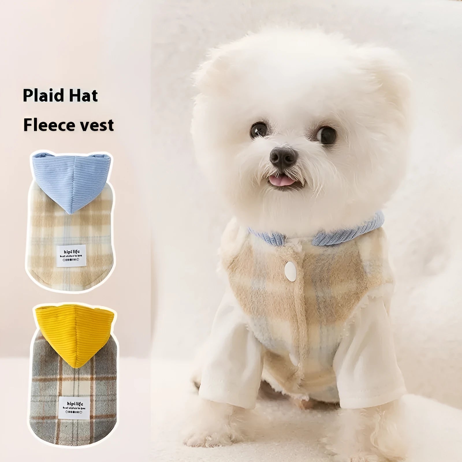 Blue corduroy dog hoodie vest with chessboard grid pattern and attached hood featuring traction details