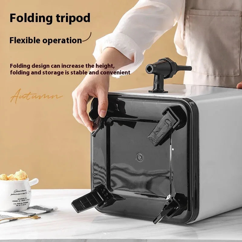 Silver stainless steel milk tea bucket with square lock closure showing 8 litre capacity for commercial beverage storage