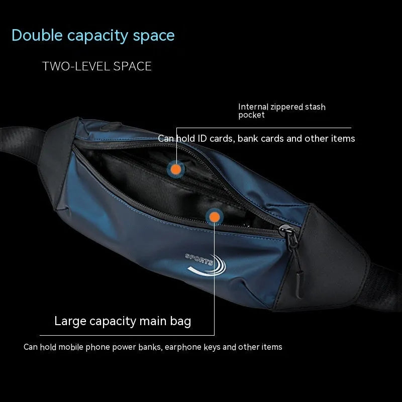 Men's blue Derm Oxford polyester waterproof sports waist bag showing size and belt clip.
