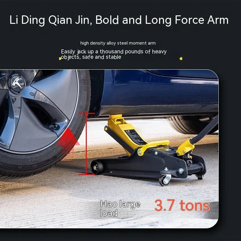 Hydraulic low-profile car jack with built-in handle for tyre changes