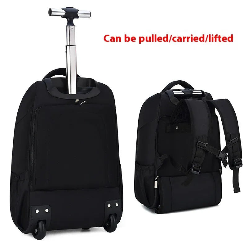 Black 18-inch business travel backpack trolley bag with letters pattern and shoulder strap