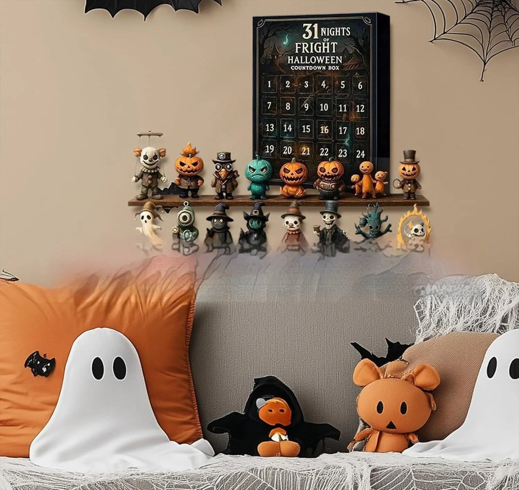 Halloween horror advent countdown blind box with resin doll, available in 7, 15, and 31-night styles.