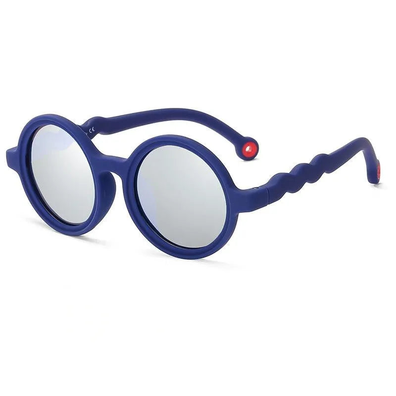 Children's sunglasses with UV400 protection, flexible nylon elastomer frame, blue colour, and polarizer included