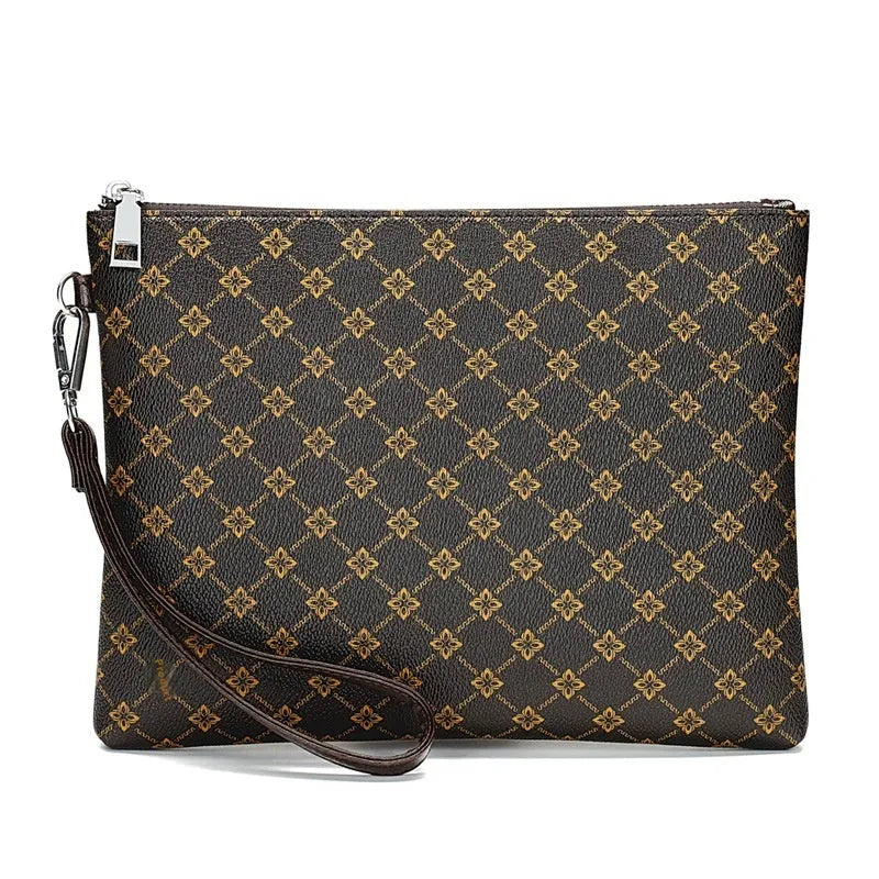 Men's PU leather gingham check clutch bag with soft carry handle and sandwich pocket