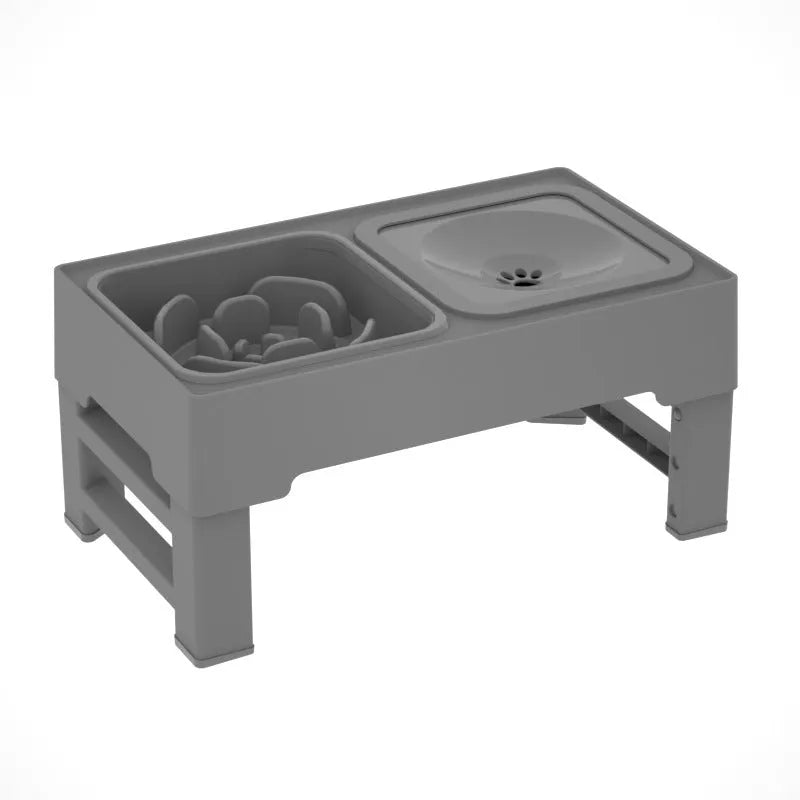Adjustable height elevated dog feeding stand with stainless steel bowls in black