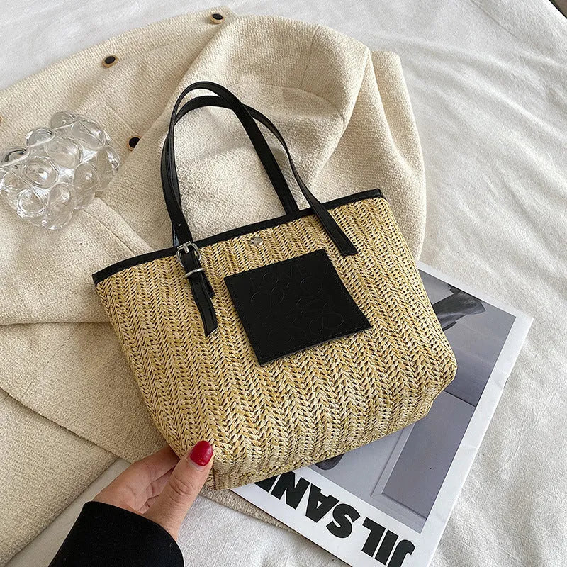 Women's straw woven shoulder bag in European retro style with large capacity and soft straw PU material