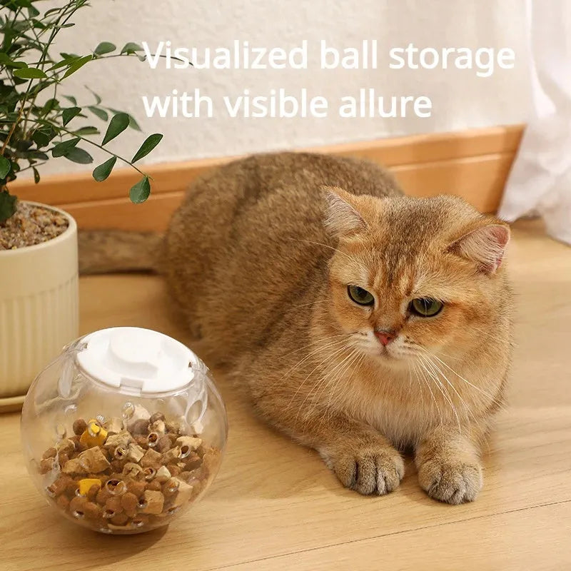 Clear blue slow feed ball for dogs and cats with small openings for treat dispensing