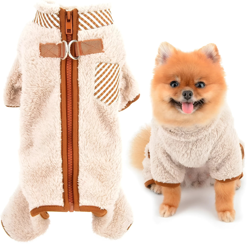 Green fleece dog coat with back zipper and D-rings on small dog