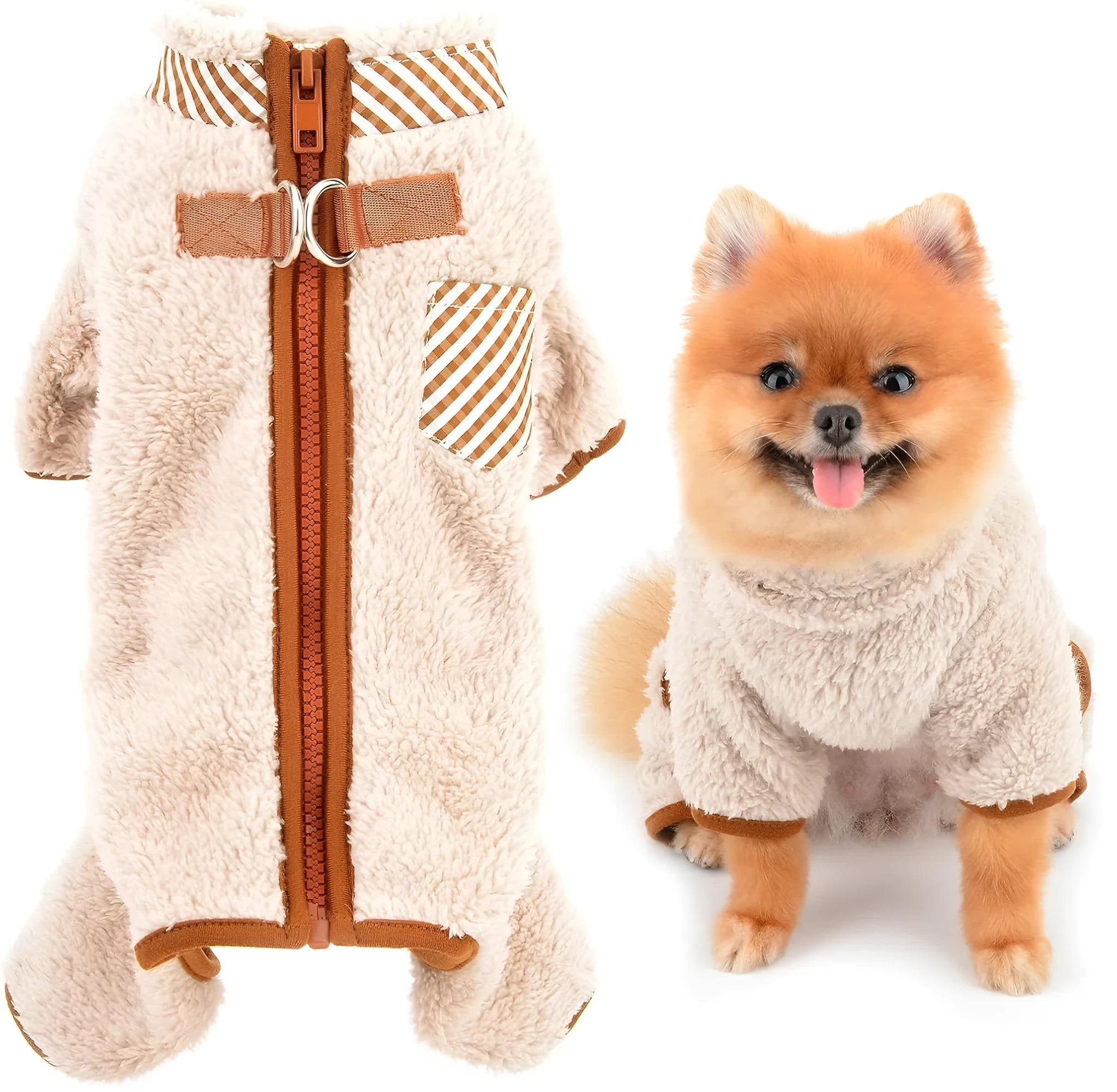 Green fleece dog coat with back zipper and D-rings on small dog