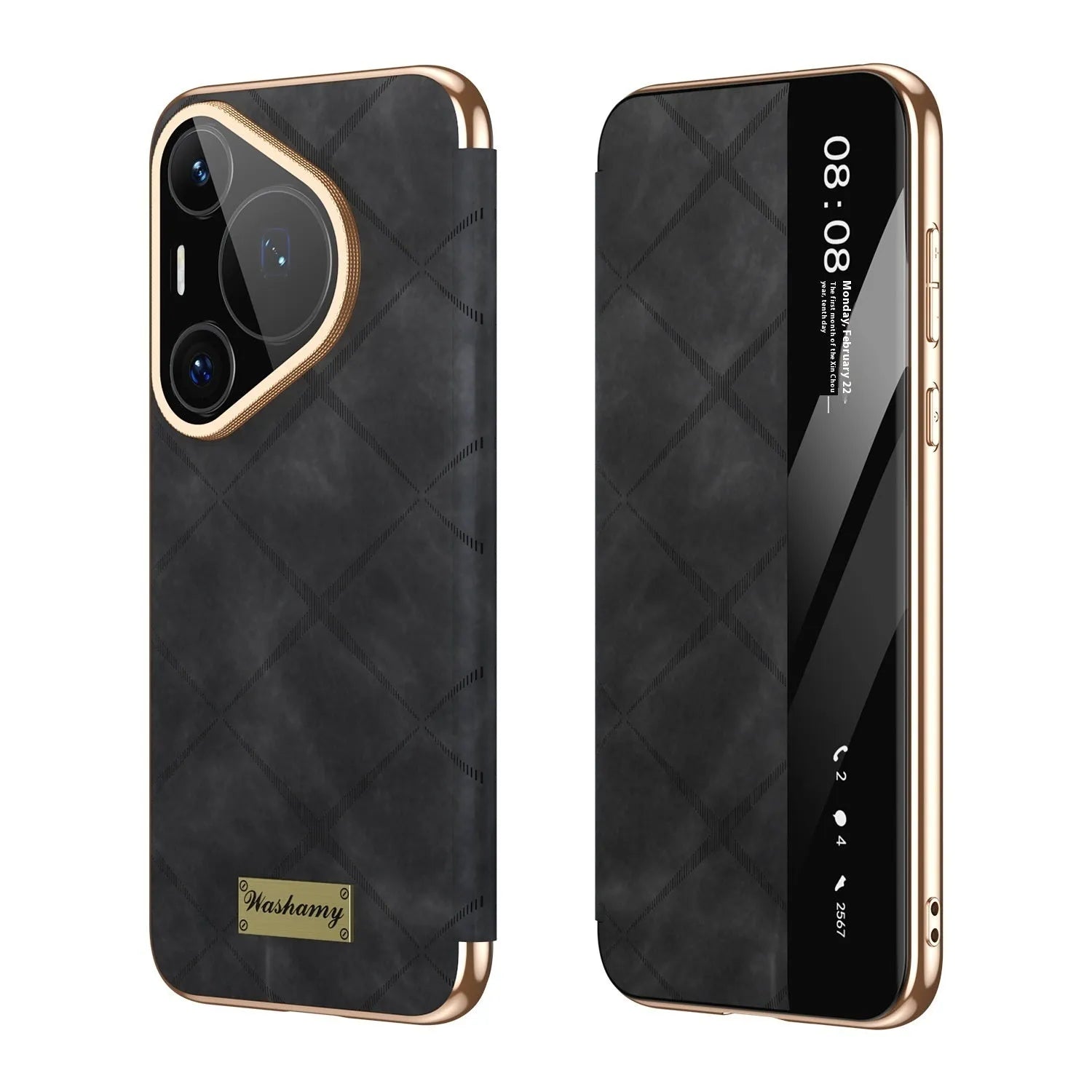Electroplated diamond grid Huawei phone case in imitation leather with embossed luxury design