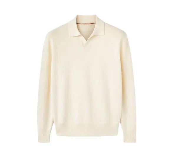 Pure wool loose fit lapel collar polo sweater in milky white or navy blue.