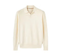 Pure wool loose fit lapel collar polo sweater in milky white or navy blue.