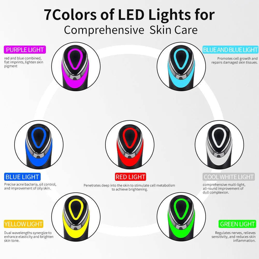 Black handheld facial massager with 7 colour light therapy and vibration functions