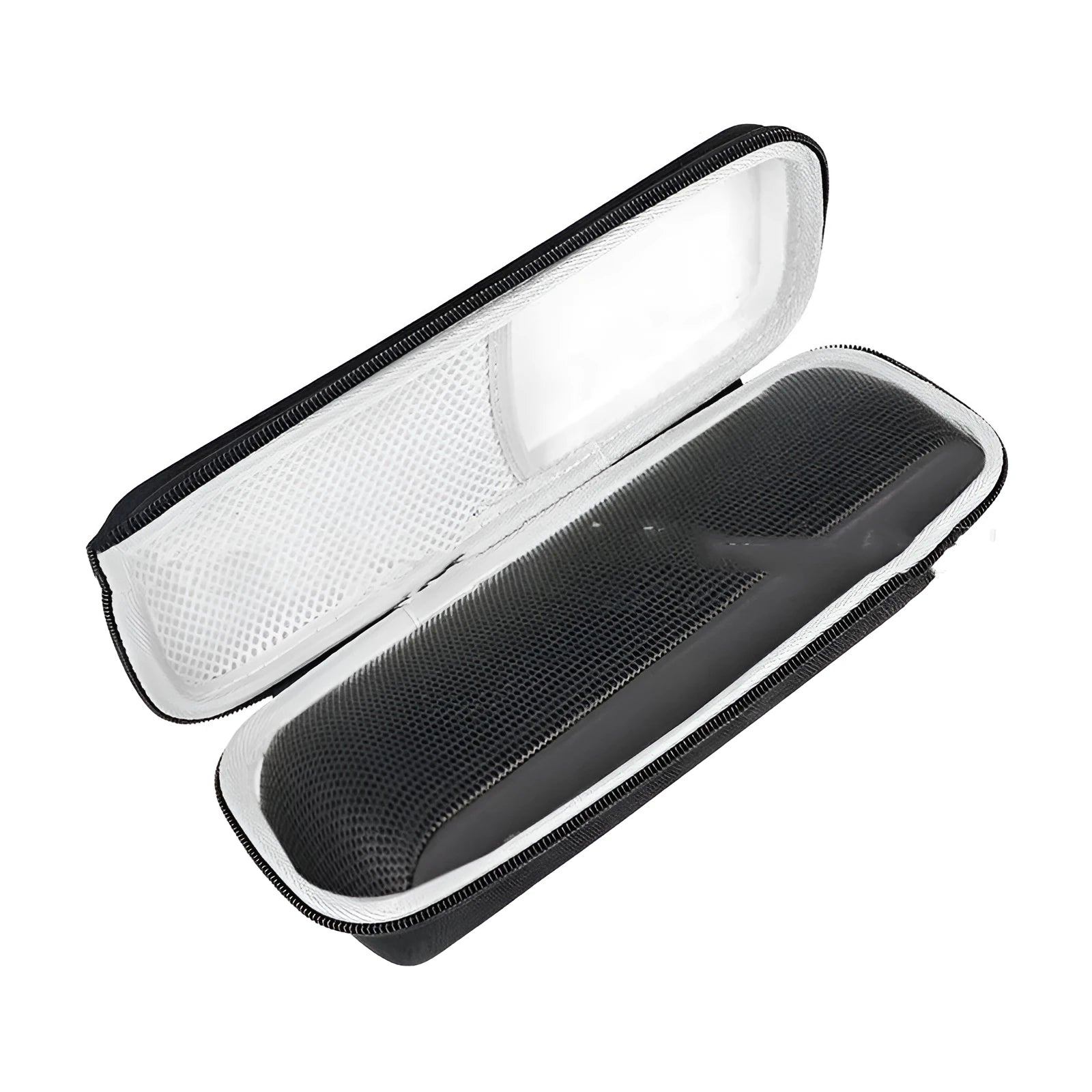 Black EVA Bluetooth speaker storage case with climbing carabiner, grey inner lining, size 280x100x90mm