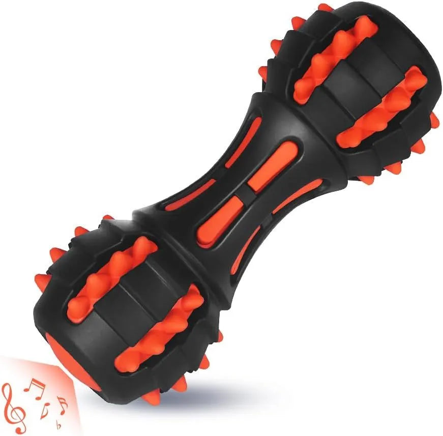 Red dumbbell-shaped durable rubber dog toy with squeaker for large breed aggressive chewers