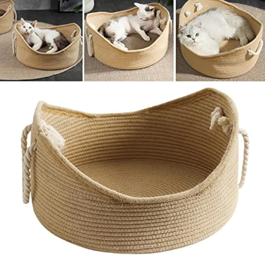 Wicker cat bed basket with built-in corrugated scratching board, shown in two available sizes for cats.