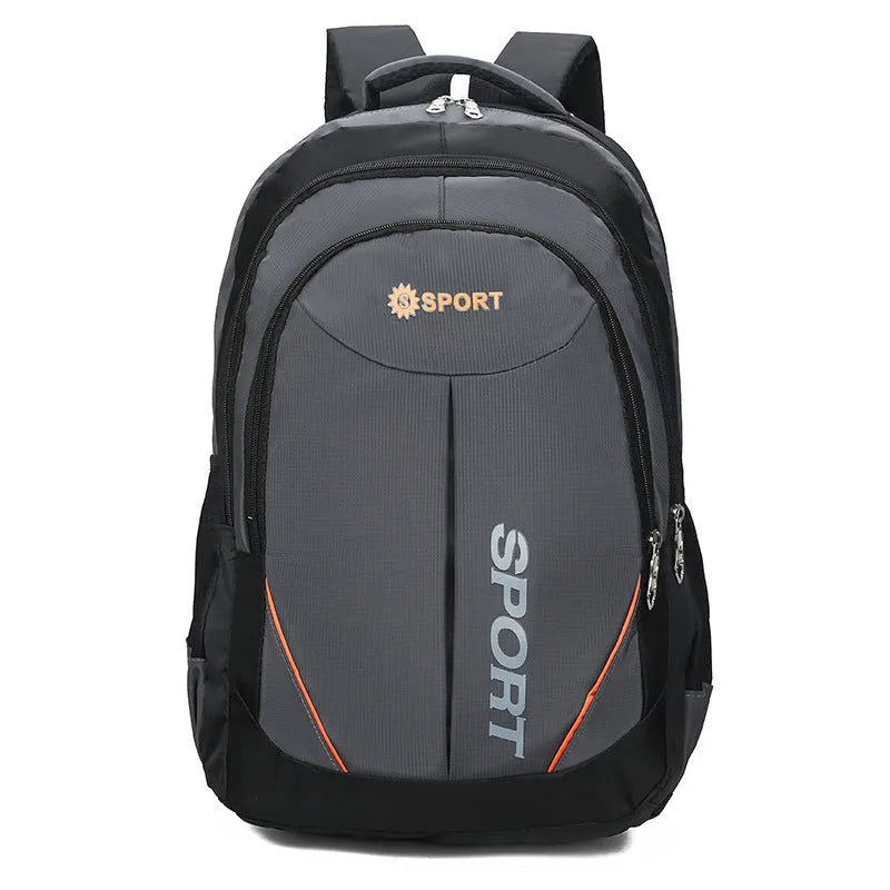 Men's large capacity nylon backpack in grey colour with curved shoulder straps and letter detailing