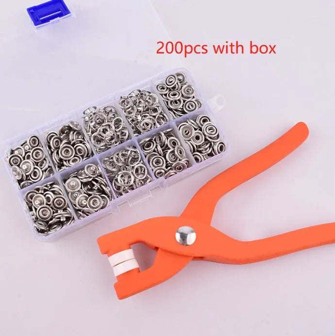 Stainless steel five claw no-sew buttons and pliers tool for children's clothing.