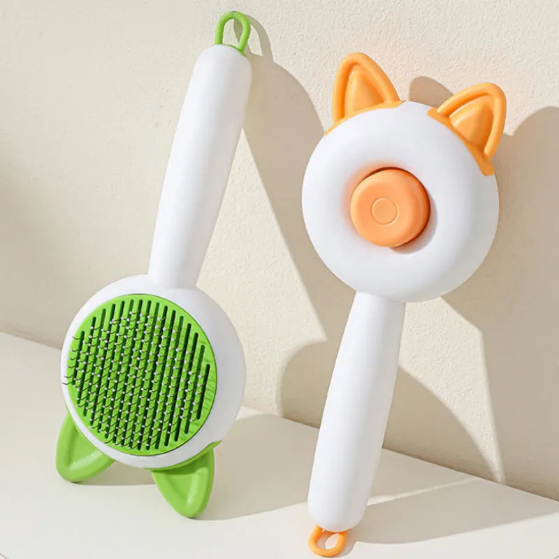 Self-cleaning pet grooming brush with stainless steel teeth and TPR massage nodules in greenish white colour