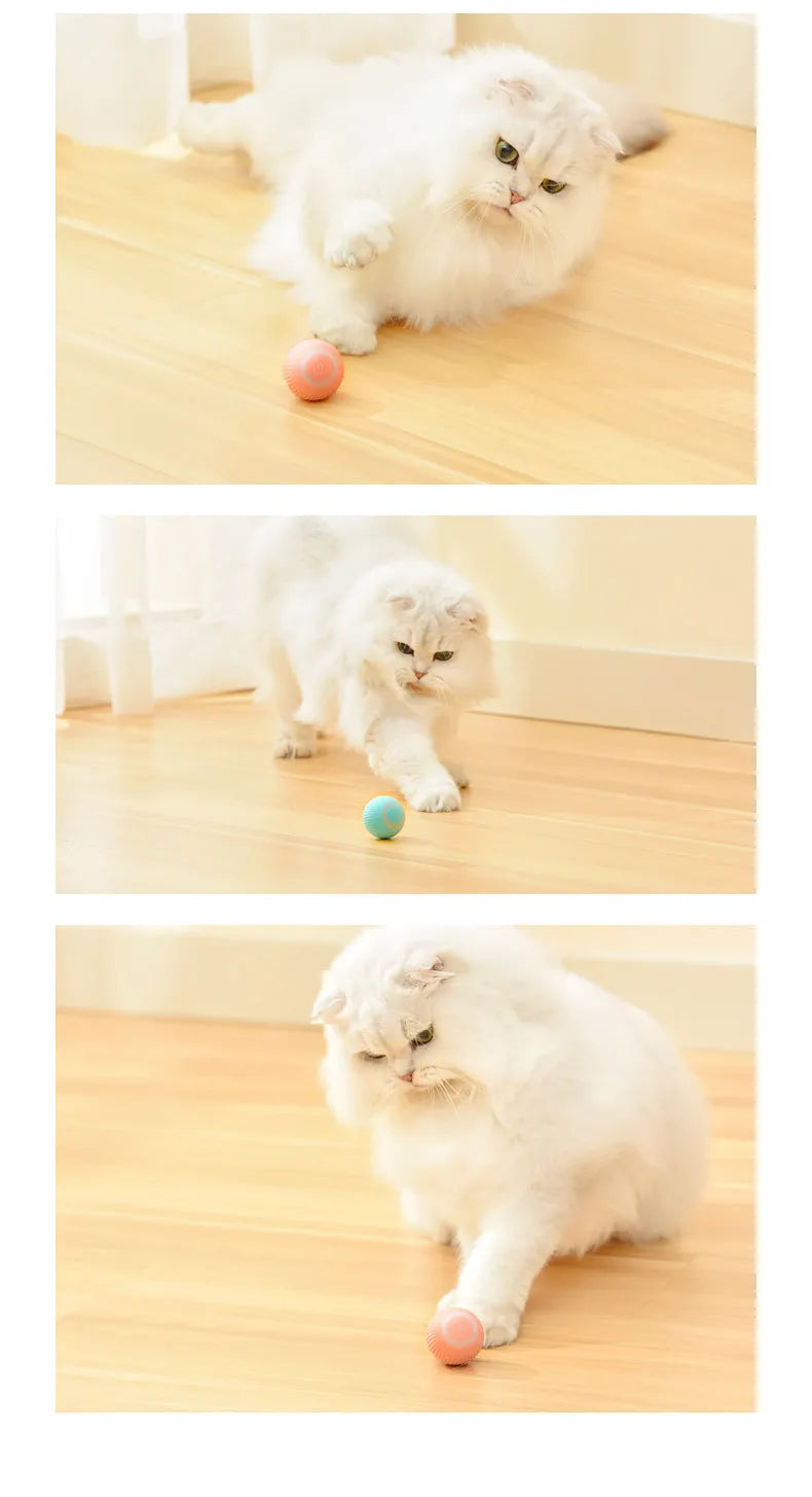 Green or pink 43mm automatic rolling ball cat toy with intelligent obstacle avoidance on a hard floor
