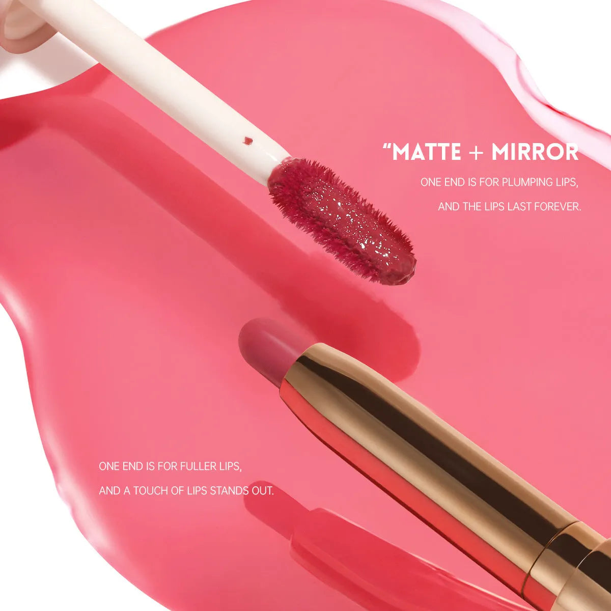 Double-headed matte lipstick showing two complementary colours on opposite ends