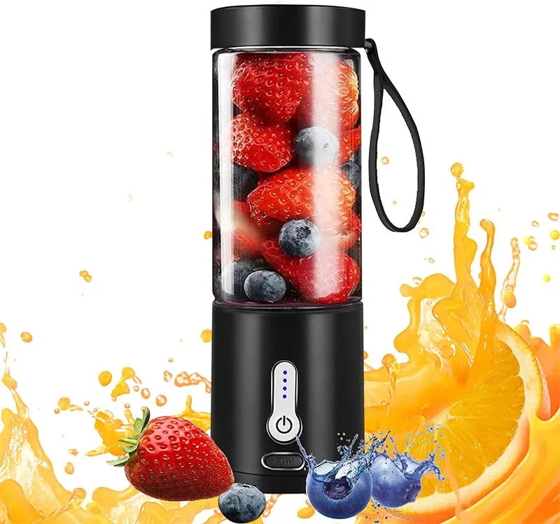 Black rechargeable portable blender with clear 530ml cup and five-blade cutter head
