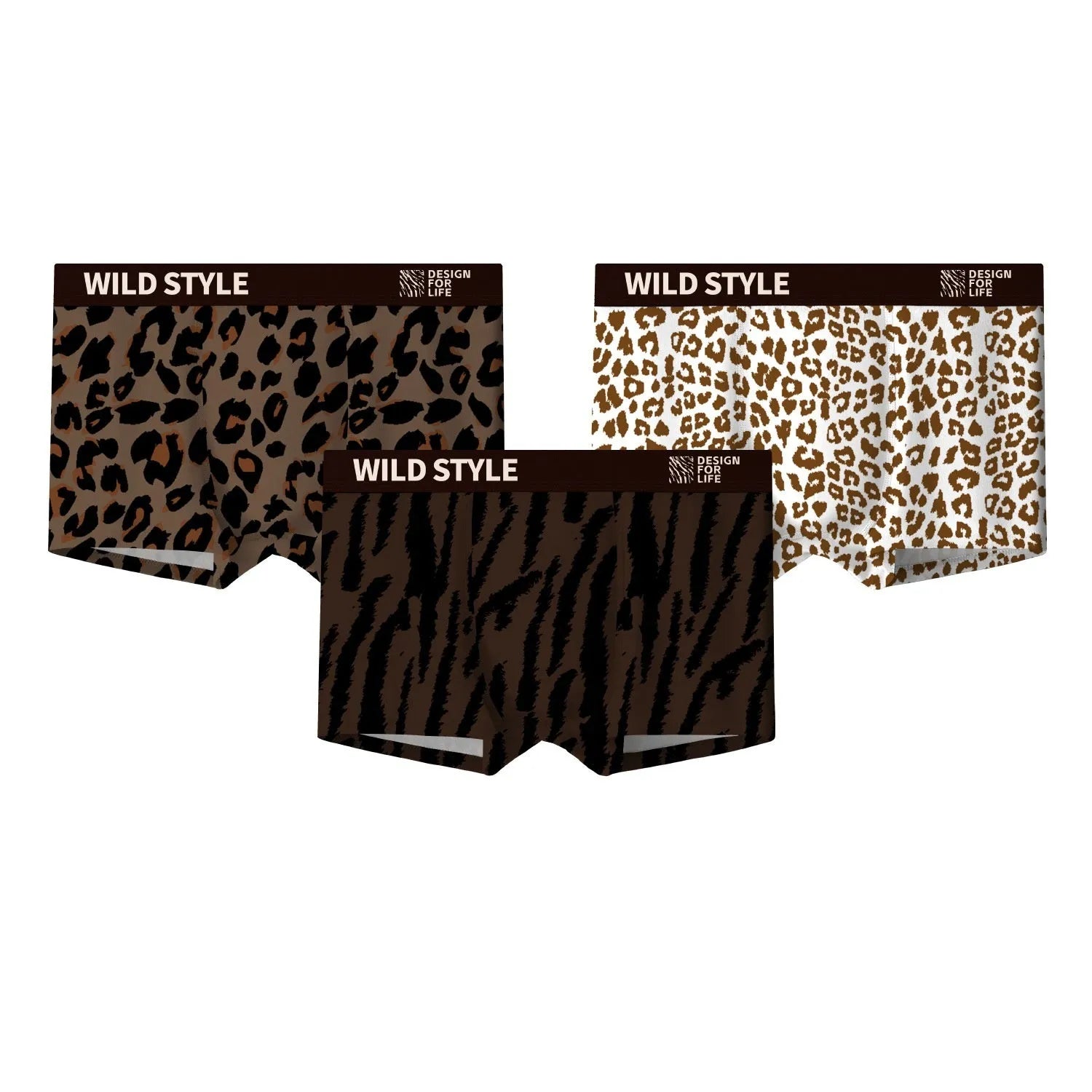 Men's leopard print ice silk underwear in a mid-waist design, shown in one of four available colour variations.