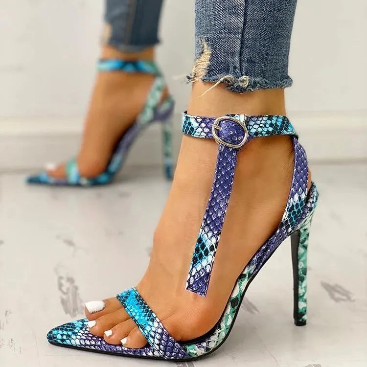 Blue women's high heels with buckle strap and hollow cut-out design on artificial PU leather upper