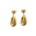 Gold electroplated stainless steel water droplet earrings with geometric hemisphere pendant design