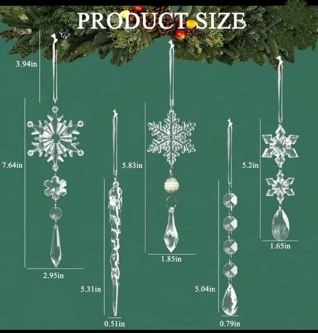 Set of ten clear acrylic icicle and snowflake Christmas ornaments with white hanging ribbons.