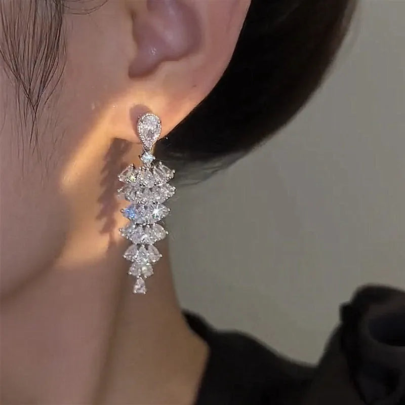 Silver pagoda Christmas tree drop earrings with sparkling zircon decoration on copper studs