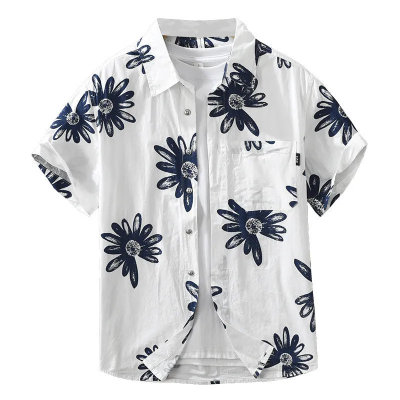 Japanese printed short sleeve shirt in loose cardigan style, available in white and apricot colours